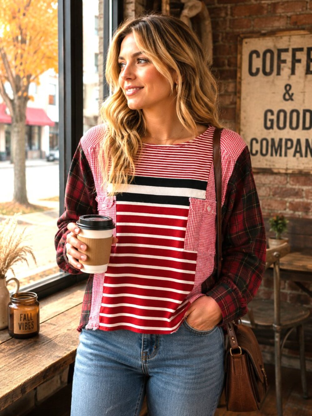 Mixed Print Oversized Shirt Upcycled Artsy Top Red Gingham & Plaid Size M - L